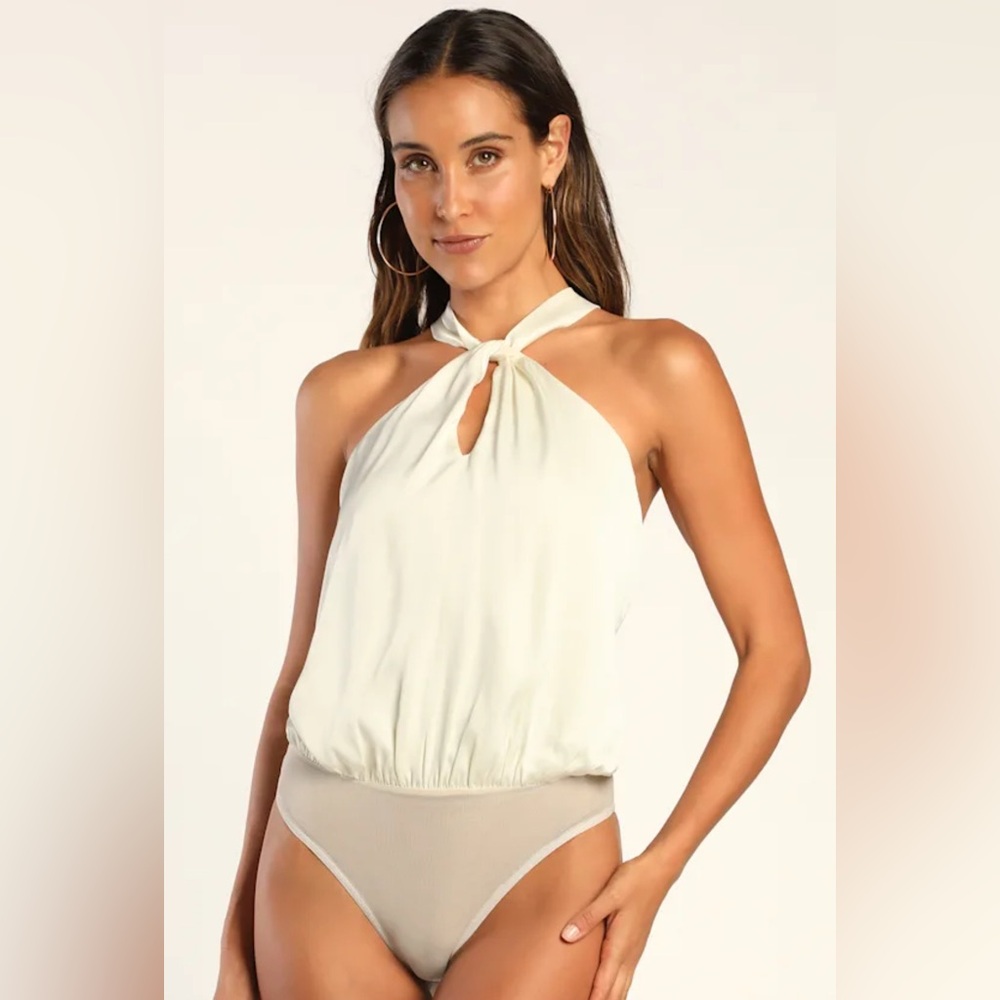 Lulus NWOT Posh Attitude Ivory Satin Knotted Halter Bodysuit - Picture 4 of 7